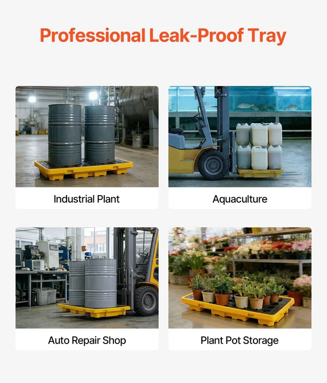 Alt view image 6 of 8 - VEVOR Spill Containment Pallet, 2 Drum Low Profile Spill Containment Modular Platform, 21 Gallon Sump, 4409 lbs Load Capacity, Heavy-Duty Polyethylene Tray with Drain, 51.8" x 26.8" x 5.9", Yellow