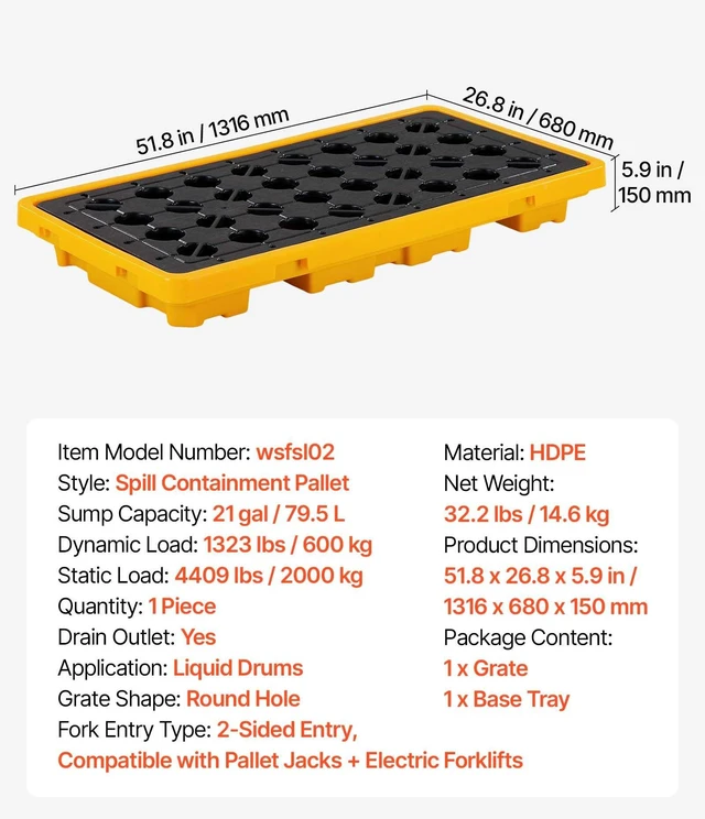 Alt view image 7 of 8 - VEVOR Spill Containment Pallet, 2 Drum Low Profile Spill Containment Modular Platform, 21 Gallon Sump, 4409 lbs Load Capacity, Heavy-Duty Polyethylene Tray with Drain, 51.8" x 26.8" x 5.9", Yellow