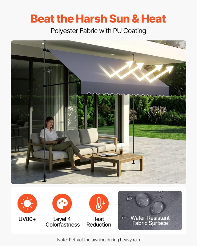 Alt view image 3 of 8 - VEVOR Manual Retractable Awning, 98" Outdoor Retractable Patio Awning Sunshade Shelter, Height Adjustable Patio Door Window Canopy with Manual Crank Handle for Backyard, Garden, Balcony, Dark Gray