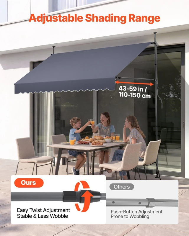 Alt view image 4 of 8 - VEVOR Manual Retractable Awning, 98" Outdoor Retractable Patio Awning Sunshade Shelter, Height Adjustable Patio Door Window Canopy with Manual Crank Handle for Backyard, Garden, Balcony, Dark Gray