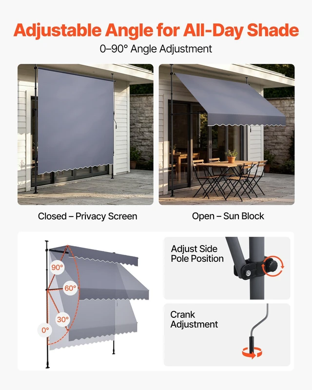 Alt view image 5 of 8 - VEVOR Manual Retractable Awning, 98" Outdoor Retractable Patio Awning Sunshade Shelter, Height Adjustable Patio Door Window Canopy with Manual Crank Handle for Backyard, Garden, Balcony, Dark Gray