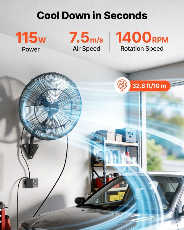 Alt view image 2 of 8 - VEVOR Wall Mount Fan, 20 in Wall Mounted Hanging Fan with Oscillating & Mist, Remote, IP44-rated, 3-Speed, 18h Timer, Temperature Control, Powerful for Industry, Commercial, Garage, Workshop, Gym
