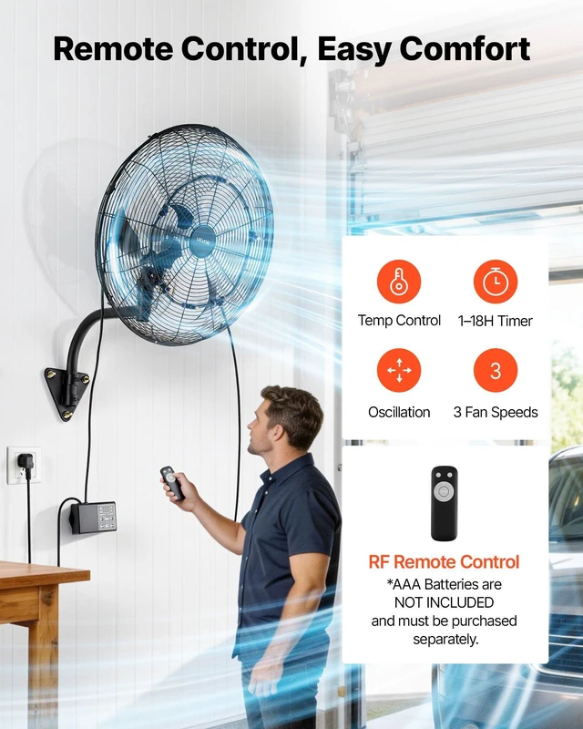 Alt view image 5 of 8 - VEVOR Wall Mount Fan, 20 in Wall Mounted Hanging Fan with Oscillating & Mist, Remote, IP44-rated, 3-Speed, 18h Timer, Temperature Control, Powerful for Industry, Commercial, Garage, Workshop, Gym