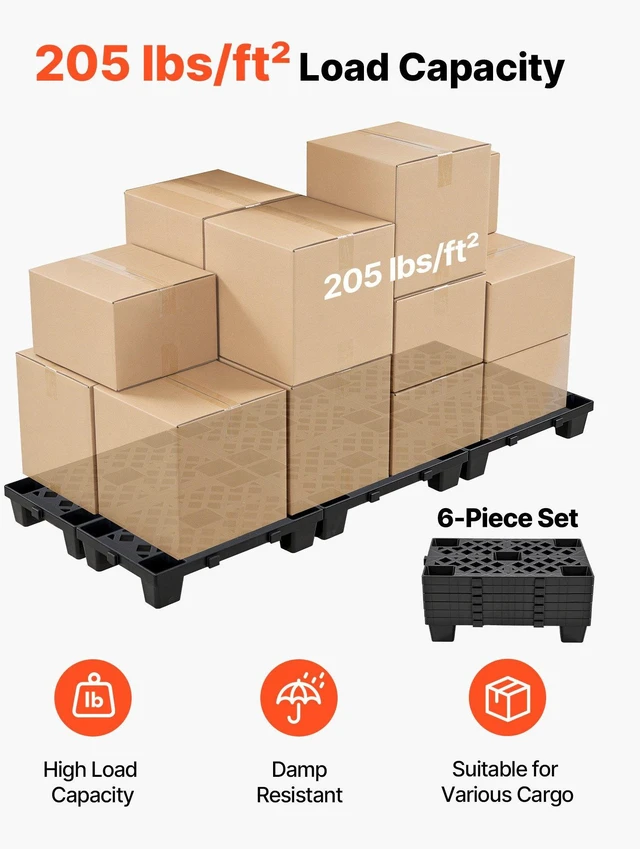 Alt view image 2 of 8 - VEVOR Plastic Pallets, 6 Pcs Plastic Pallets for Basement Storage, Nestable Lightweight Waterproof Storage Pad with Breathable Grid for Indoor Outdoor Supermarket Warehouse, 19.7" x 12" x 3.9", Black