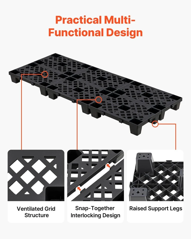 Alt view image 4 of 8 - VEVOR Plastic Pallets, 6 Pcs Plastic Pallets for Basement Storage, Nestable Lightweight Waterproof Storage Pad with Breathable Grid for Indoor Outdoor Supermarket Warehouse, 19.7" x 12" x 3.9", Black