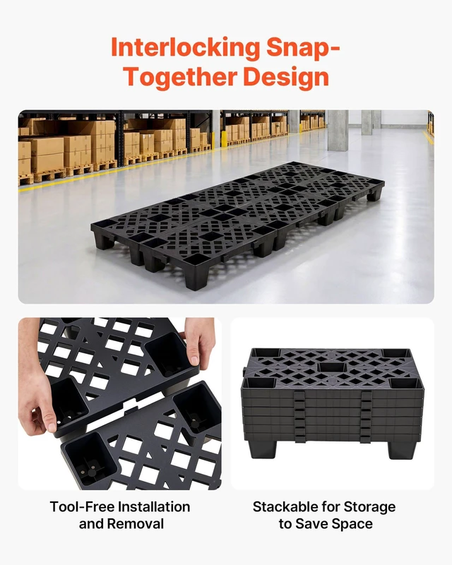 Alt view image 5 of 8 - VEVOR Plastic Pallets, 6 Pcs Plastic Pallets for Basement Storage, Nestable Lightweight Waterproof Storage Pad with Breathable Grid for Indoor Outdoor Supermarket Warehouse, 19.7" x 12" x 3.9", Black