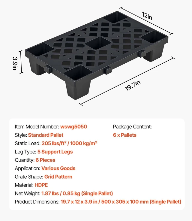 Alt view image 7 of 8 - VEVOR Plastic Pallets, 6 Pcs Plastic Pallets for Basement Storage, Nestable Lightweight Waterproof Storage Pad with Breathable Grid for Indoor Outdoor Supermarket Warehouse, 19.7" x 12" x 3.9", Black