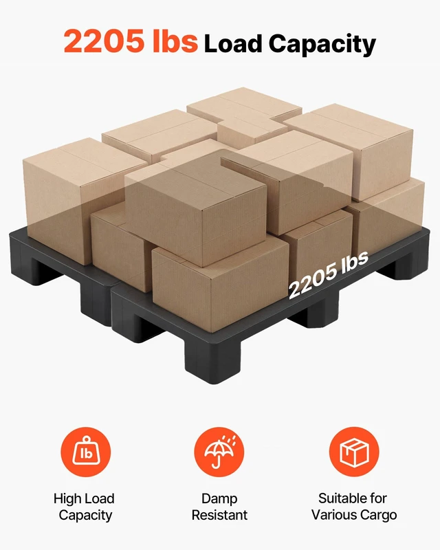 Alt view image 2 of 8 - VEVOR Plastic Pallets, 2 Pcs Plastic Pallets for Basement Storage, Lightweight Waterproof Floor Storage Pad for Indoor Outdoor Supermarket Warehouse, Support up to 2205 lbs, 39.4"x19.7"x5.4", Black