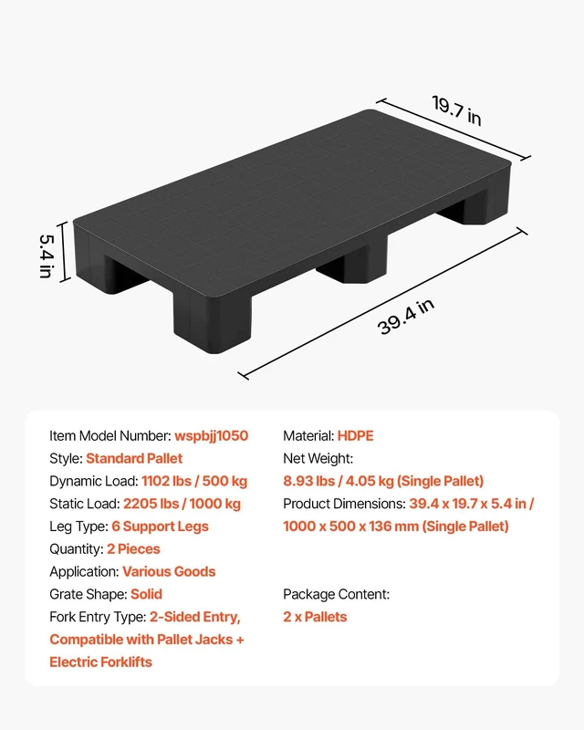 Alt view image 7 of 8 - VEVOR Plastic Pallets, 2 Pcs Plastic Pallets for Basement Storage, Lightweight Waterproof Floor Storage Pad for Indoor Outdoor Supermarket Warehouse, Support up to 2205 lbs, 39.4"x19.7"x5.4", Black