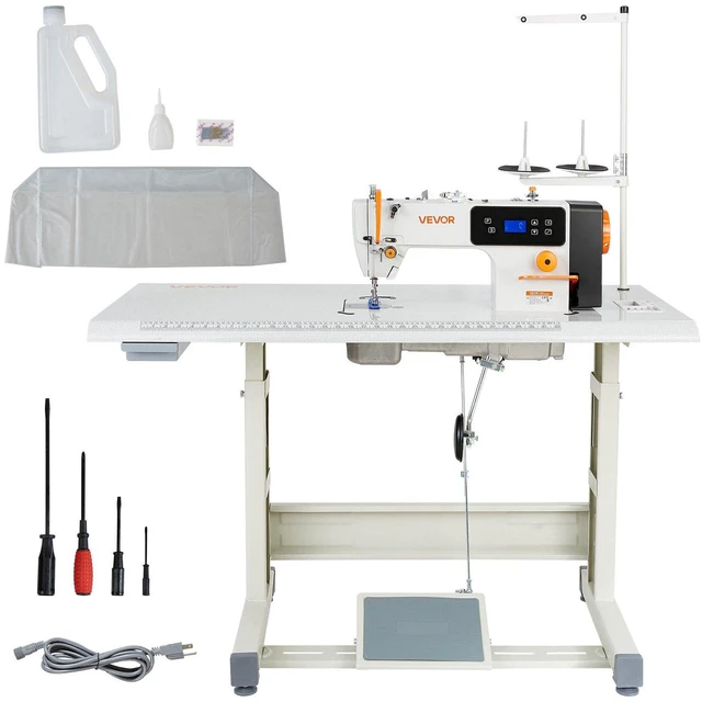Main image of VEVOR Industrial Sewing Machine, 550W Lockstitch Sewing Machine Set with Servo Motor and Table Stand, 5000 SPM High Speed, Metal Frame, LCD Panel, LED Light, for Cotton, Wool, Denim, Leather, Can