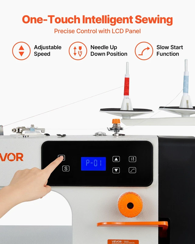 Alt view image 3 of 8 - VEVOR Industrial Sewing Machine, 550W Lockstitch Sewing Machine Set with Servo Motor and Table Stand, 5000 SPM High Speed, Metal Frame, LCD Panel, LED Light, for Cotton, Wool, Denim, Leather, Can