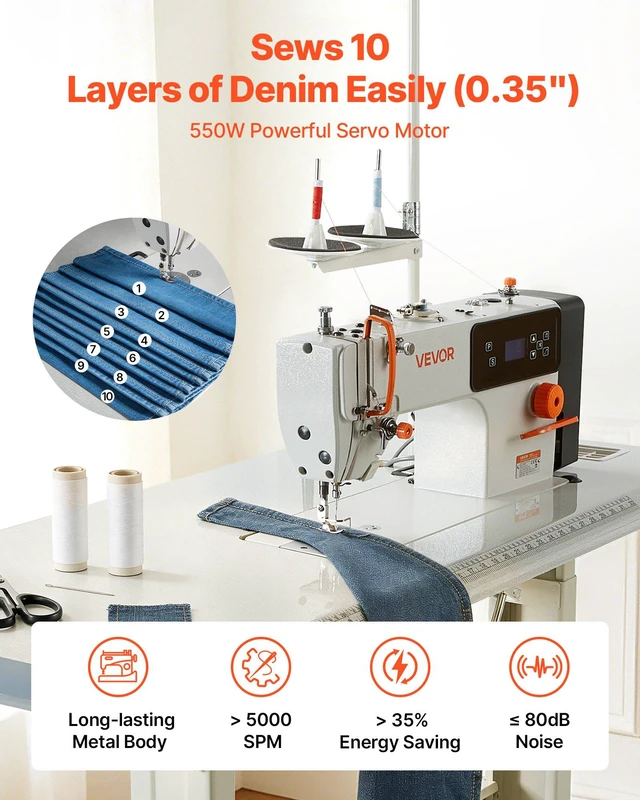 Alt view image 2 of 8 - VEVOR Industrial Sewing Machine, 550W Lockstitch Sewing Machine Set with Servo Motor and Table Stand, Auto Thread Trimmer, 5000 SPM High Speed, Metal Frame, LCD Panel, LED Light, for Cotton, Deni