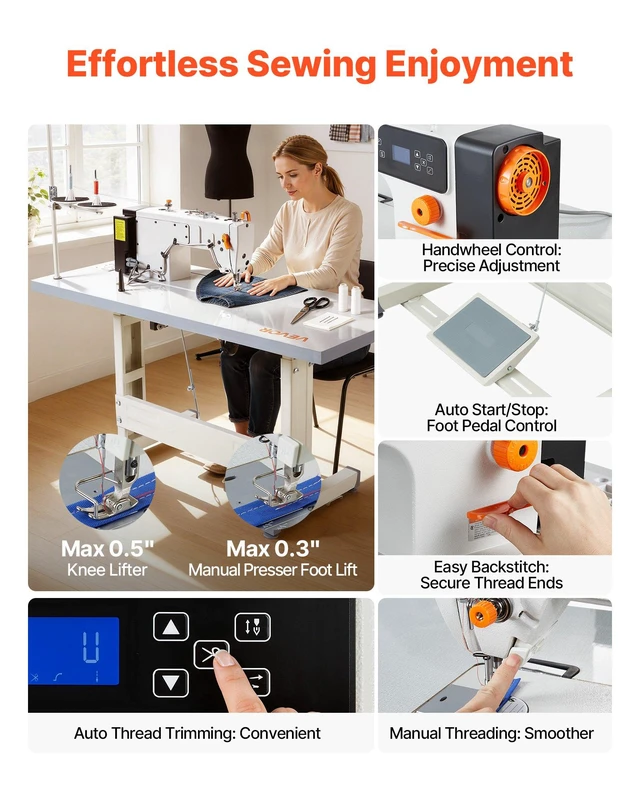 Alt view image 4 of 8 - VEVOR Industrial Sewing Machine, 550W Lockstitch Sewing Machine Set with Servo Motor and Table Stand, Auto Thread Trimmer, 5000 SPM High Speed, Metal Frame, LCD Panel, LED Light, for Cotton, Deni