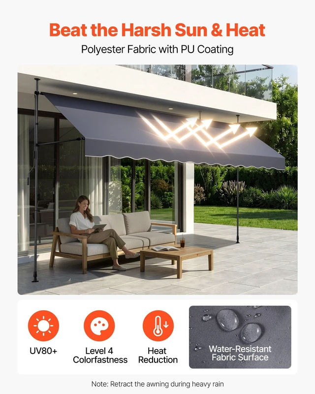 Alt view image 3 of 8 - VEVOR Manual Retractable Awning, 157" Outdoor Retractable Patio Awning Sunshade Shelter, Height Adjustable Patio Door Window Canopy with Manual Crank Handle for Backyard, Garden, Balcony, Dark Gray