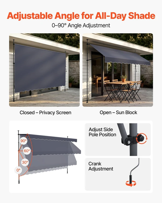 Alt view image 5 of 8 - VEVOR Manual Retractable Awning, 157" Outdoor Retractable Patio Awning Sunshade Shelter, Height Adjustable Patio Door Window Canopy with Manual Crank Handle for Backyard, Garden, Balcony, Dark Gray
