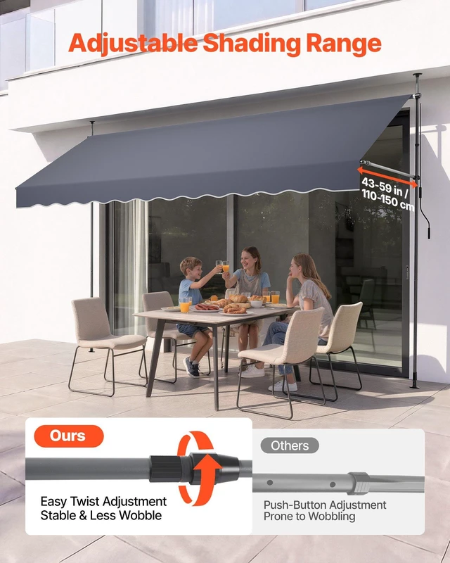 Alt view image 4 of 8 - VEVOR Manual Retractable Awning, 157" Outdoor Retractable Patio Awning Sunshade Shelter, Height Adjustable Patio Door Window Canopy with Manual Crank Handle for Backyard, Garden, Balcony, Dark Gray
