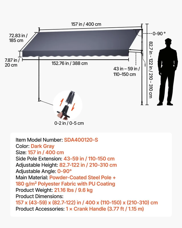 Alt view image 2 of 8 - VEVOR Manual Retractable Awning, 157" Outdoor Retractable Patio Awning Sunshade Shelter, Height Adjustable Patio Door Window Canopy with Manual Crank Handle for Backyard, Garden, Balcony, Dark Gray