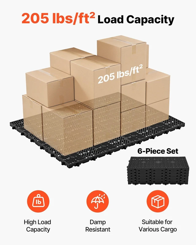 Alt view image 2 of 8 - VEVOR Plastic Pallets, 6 Pcs Plastic Pallets for Basement Storage, Nestable Lightweight Waterproof Storage Pad with Breathable Grid for Indoor Outdoor Supermarket Warehouse, 23.6"x11.8"x1.2", Black