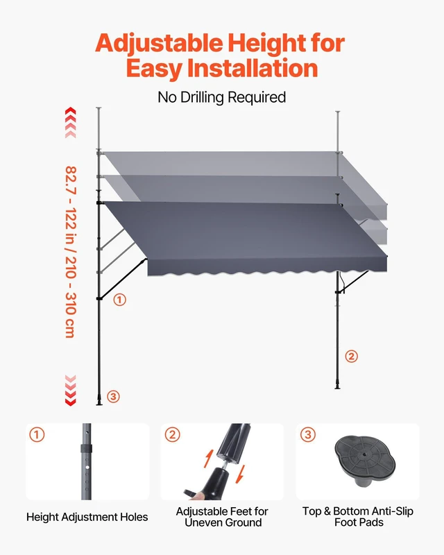 Alt view image 7 of 8 - VEVOR Manual Retractable Awning, 157" Outdoor Retractable Patio Awning Sunshade Shelter, Height Adjustable Patio Door Window Canopy with Manual Crank Handle for Backyard, Garden, Balcony, Dark Gray