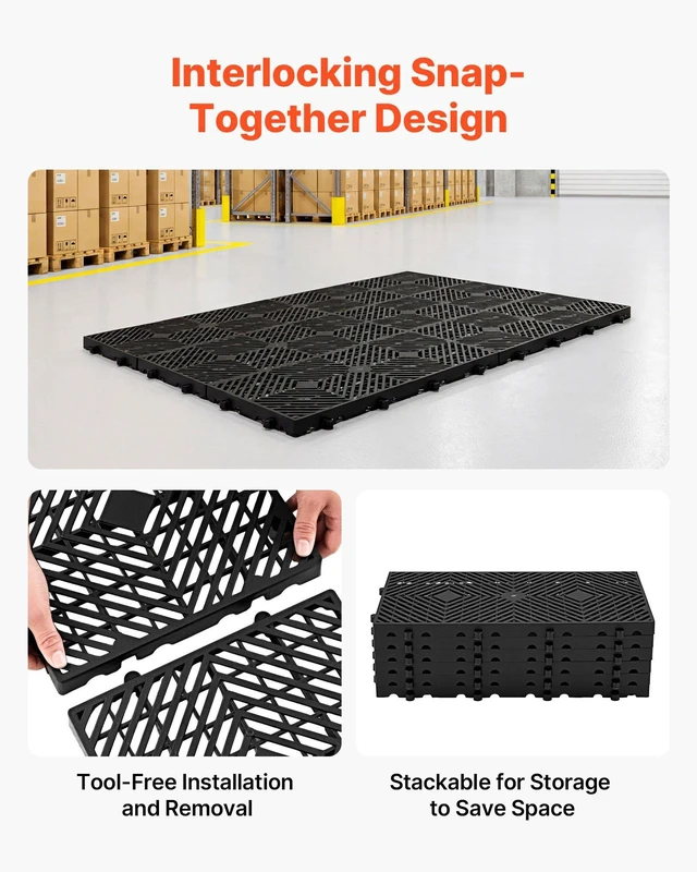 Alt view image 5 of 8 - VEVOR Plastic Pallets, 6 Pcs Plastic Pallets for Basement Storage, Nestable Lightweight Waterproof Storage Pad with Breathable Grid for Indoor Outdoor Supermarket Warehouse, 23.6"x11.8"x1.2", Black