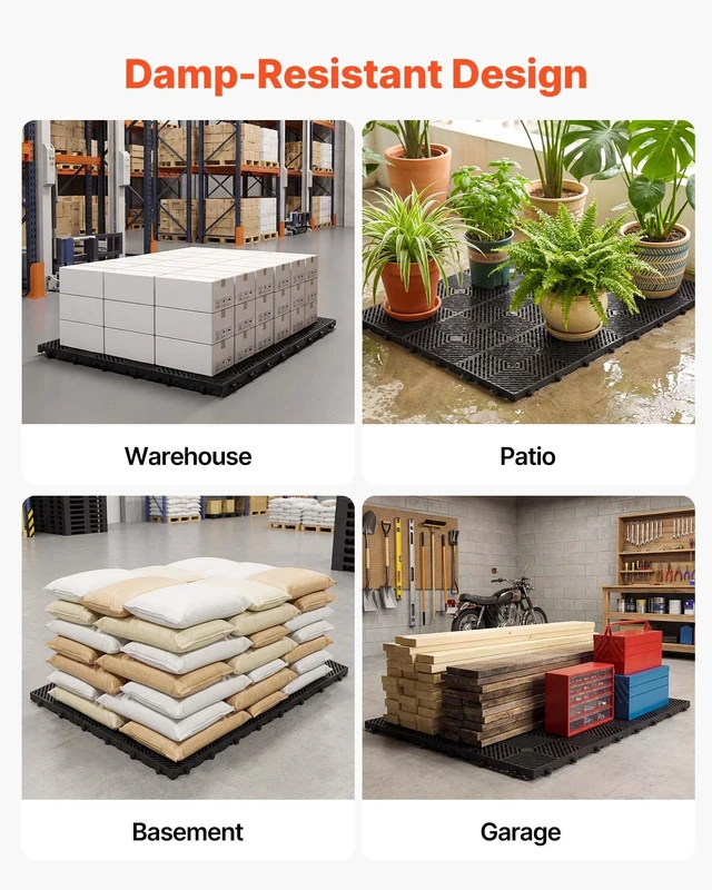 Alt view image 6 of 8 - VEVOR Plastic Pallets, 6 Pcs Plastic Pallets for Basement Storage, Nestable Lightweight Waterproof Storage Pad with Breathable Grid for Indoor Outdoor Supermarket Warehouse, 23.6"x11.8"x1.2", Black