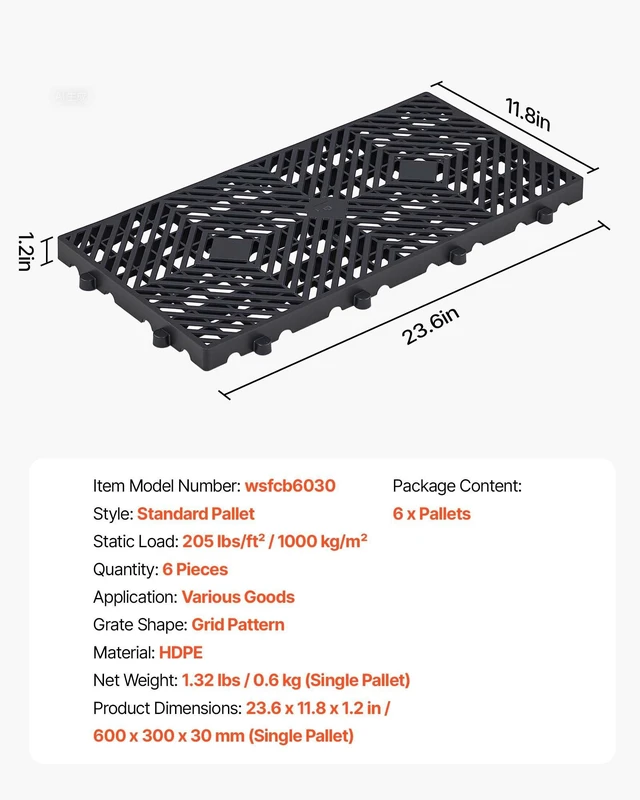 Alt view image 7 of 8 - VEVOR Plastic Pallets, 6 Pcs Plastic Pallets for Basement Storage, Nestable Lightweight Waterproof Storage Pad with Breathable Grid for Indoor Outdoor Supermarket Warehouse, 23.6"x11.8"x1.2", Black