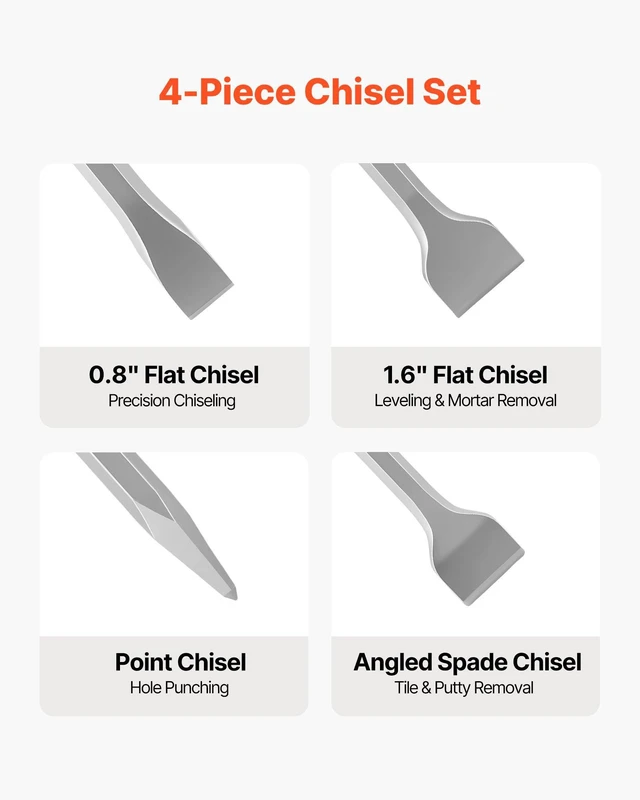 Alt view image 2 of 8 - VEVOR SDS Plus Chisel Set, 4 pcs SDS Plus Rotary Hammer Drill Attachments, Includes Point, Flat, & Angled Spade Chisels, Heat Treated 40Cr Alloy Steel, Sharp Edge for Demolition, Concrete and Brick