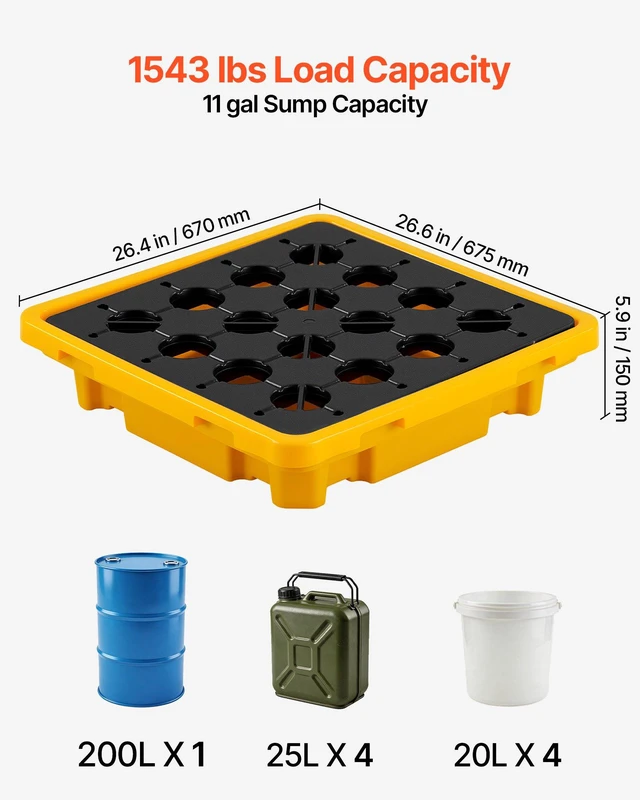 Alt view image 2 of 8 - VEVOR Spill Containment Pallet, 1 Drum Low Profile Spill Containment Modular Platform, 11.4 Gallon Sump, 1543 lbs Load Capacity, Heavy-Duty Polyethylene Tray with Drain, 26.4" x 26.6" x 5.9", Yellow