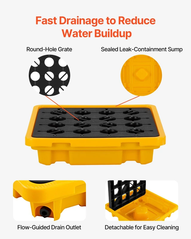 Alt view image 4 of 8 - VEVOR Spill Containment Pallet, 1 Drum Low Profile Spill Containment Modular Platform, 11.4 Gallon Sump, 1543 lbs Load Capacity, Heavy-Duty Polyethylene Tray with Drain, 26.4" x 26.6" x 5.9", Yellow