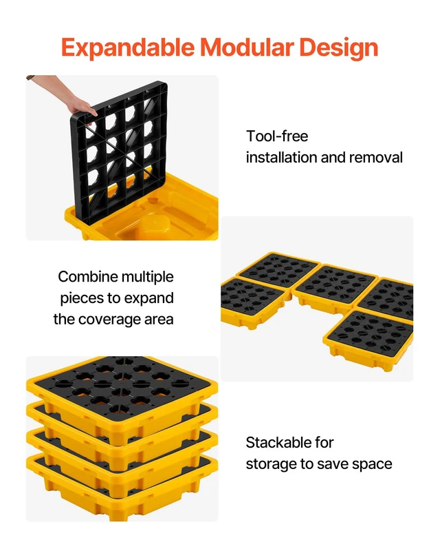 Alt view image 5 of 8 - VEVOR Spill Containment Pallet, 1 Drum Low Profile Spill Containment Modular Platform, 11.4 Gallon Sump, 1543 lbs Load Capacity, Heavy-Duty Polyethylene Tray with Drain, 26.4" x 26.6" x 5.9", Yellow