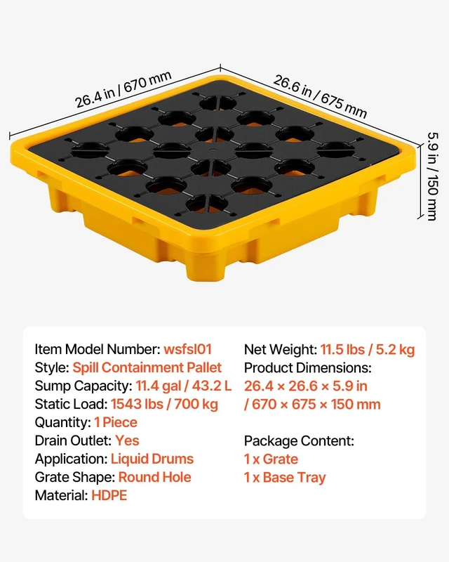 Alt view image 7 of 8 - VEVOR Spill Containment Pallet, 1 Drum Low Profile Spill Containment Modular Platform, 11.4 Gallon Sump, 1543 lbs Load Capacity, Heavy-Duty Polyethylene Tray with Drain, 26.4" x 26.6" x 5.9", Yellow