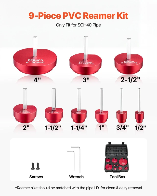 Alt view image 2 of 8 - VEVOR PVC Pipe Reamer Kit, 9-Piece, PVC Fitting Socket Saver, Includes 1/2", 3/4", 1", 1-1/4", 1-1/2", 2", 2-1/2", 3", 4", Fits Standard 1/2" Drills, Plumbing Tool Kit for SCH40 ABS CPVC Drain Pipes