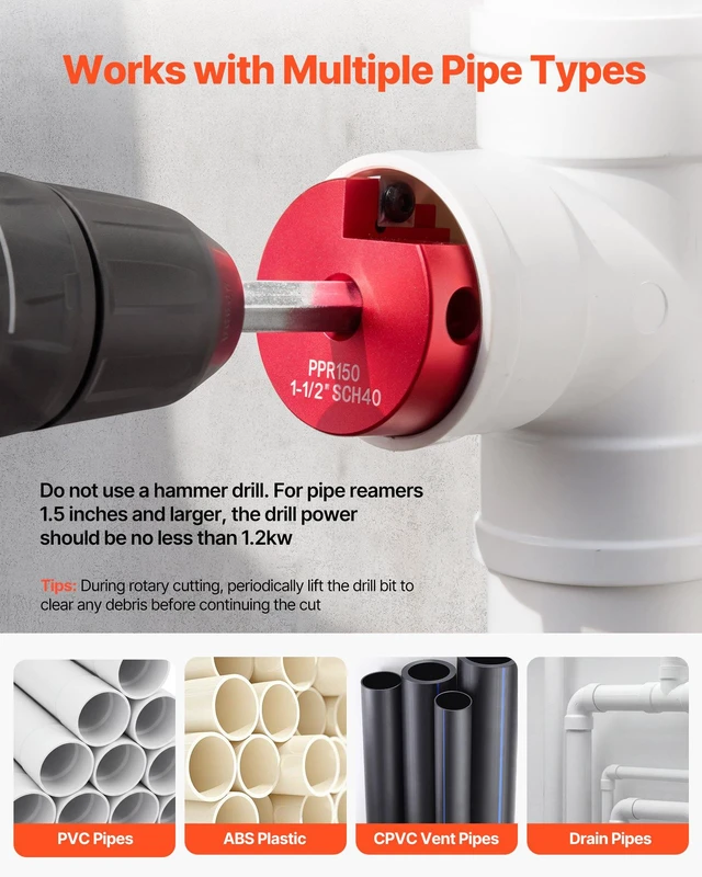 Alt view image 5 of 8 - VEVOR PVC Pipe Reamer Kit, 9-Piece, PVC Fitting Socket Saver, Includes 1/2", 3/4", 1", 1-1/4", 1-1/2", 2", 2-1/2", 3", 4", Fits Standard 1/2" Drills, Plumbing Tool Kit for SCH40 ABS CPVC Drain Pipes