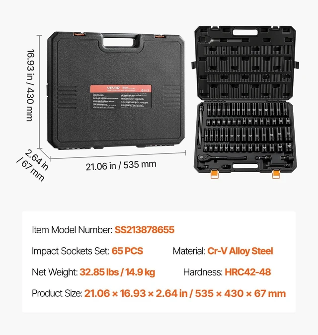 Alt view image 6 of 8 - VEVOR Impact Socket Set, 1/2" Drive, 65-Piece Socket Set, 6 Point Sockets, SAE 3/8" to 1-1/4" and Metric 10-24 mm, Easy to Identify, with a Sturdy Storage Case, Cr-V Alloy Steel for Vehicles Repair