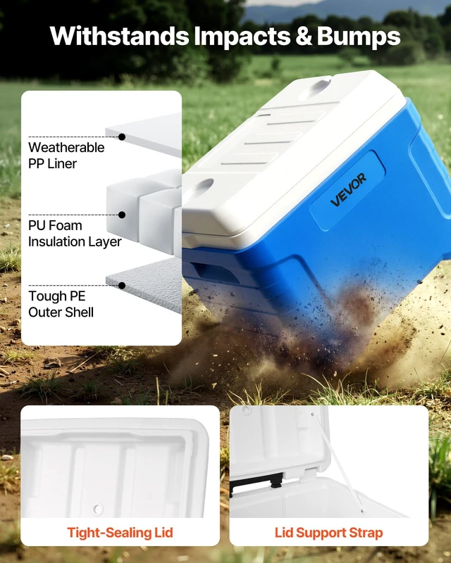 Alt view image 5 of 8 - VEVOR Hard Cooler, 45QT Portable Rolling Cooler with Wheels, Leak-Resistant Coolbox Keeps Contents Cool for 48 Hours, Ice Retention Insulated Chests, Ultra-Light for Outdoor Picnics, Grill, Camping