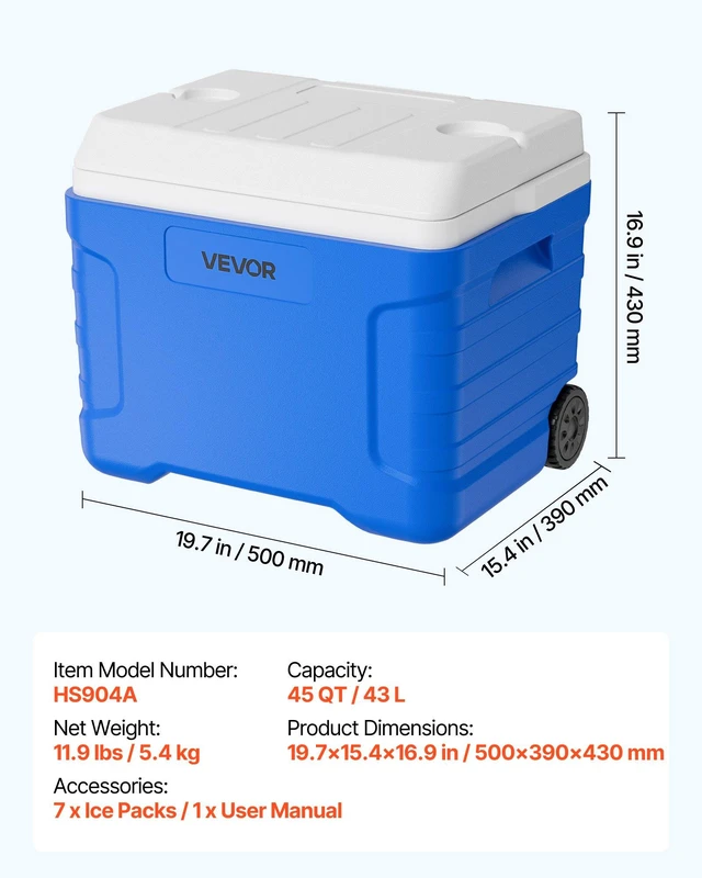 Alt view image 7 of 8 - VEVOR Hard Cooler, 45QT Portable Rolling Cooler with Wheels, Leak-Resistant Coolbox Keeps Contents Cool for 48 Hours, Ice Retention Insulated Chests, Ultra-Light for Outdoor Picnics, Grill, Camping