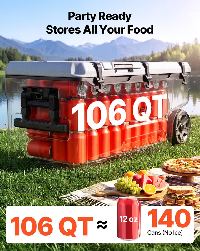 Alt view image 2 of 8 - VEVOR Hard Cooler, 106QT Portable Rolling Cooler with Wheels, Leak-Resistant Coolbox Keeps Contents Cool for 48 Hours, Ice Retention Insulated Chests, Ultra-Light for Outdoor Picnics, Grill, Camping