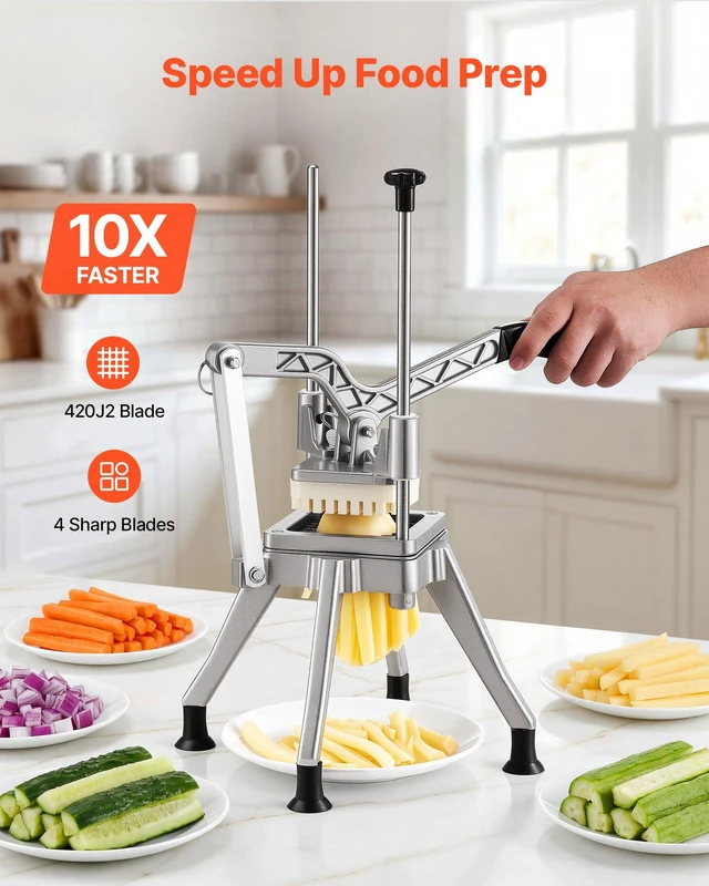 Alt view image 2 of 8 - VEVOR French Fry Cutter, Commercial Vegetable Chopper with 4 Blades (1/2", 3/8", 1/4" & 6-Wedge with Corer), Lever Stainless Steel Potato Slicer for Home Thick, Regular & Thin Fries Cut, Onion, Fruit