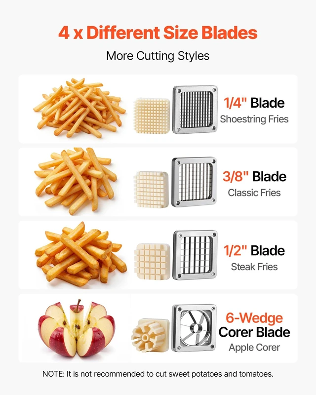 Alt view image 3 of 8 - VEVOR French Fry Cutter, Commercial Vegetable Chopper with 4 Blades (1/2", 3/8", 1/4" & 6-Wedge with Corer), Lever Stainless Steel Potato Slicer for Home Thick, Regular & Thin Fries Cut, Onion, Fruit
