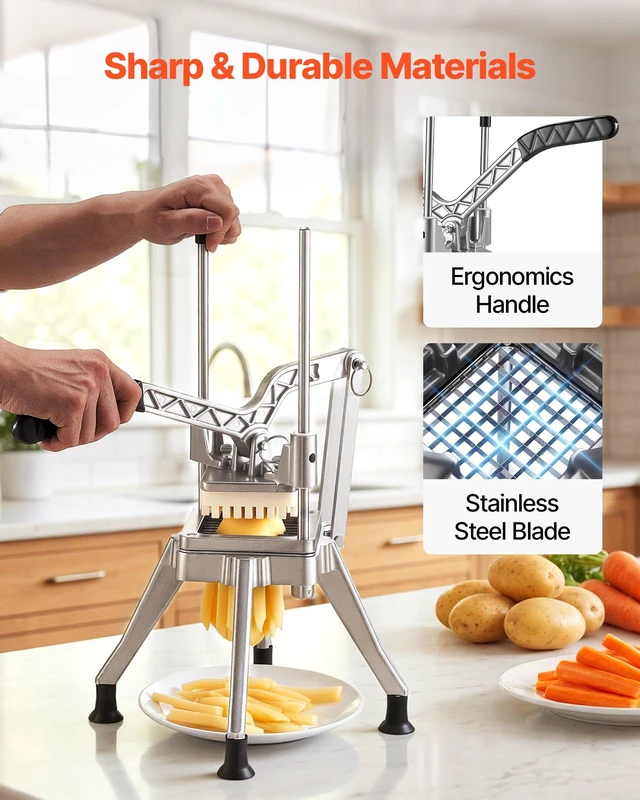 Alt view image 5 of 8 - VEVOR French Fry Cutter, Commercial Vegetable Chopper with 4 Blades (1/2", 3/8", 1/4" & 6-Wedge with Corer), Lever Stainless Steel Potato Slicer for Home Thick, Regular & Thin Fries Cut, Onion, Fruit