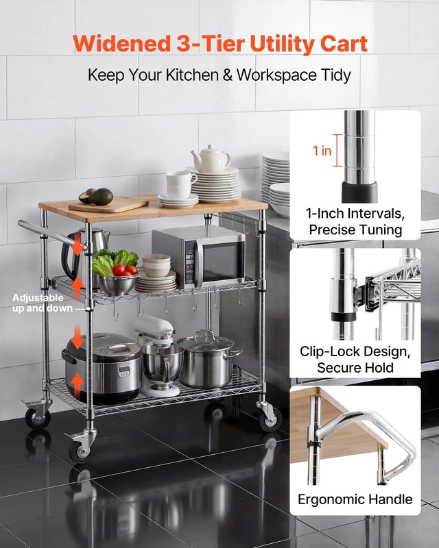 Alt view image 2 of 8 - VEVOR Kitchen Utility Cart, 3 Tier Heavy Duty Adjustable Wire Storage Rack with Wood Tabletop and Handle Bar, Rolling Portable Service Trolley on Wheels, 661 lbs Steel Work Table, 30x18x36 in