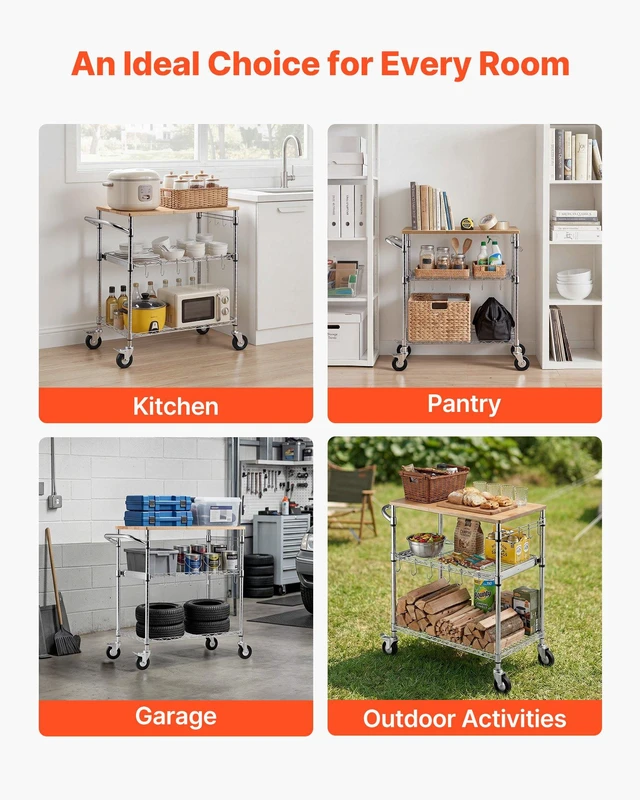 Alt view image 4 of 8 - VEVOR Kitchen Utility Cart, 3 Tier Heavy Duty Adjustable Wire Storage Rack with Wood Tabletop and Handle Bar, Rolling Portable Service Trolley on Wheels, 661 lbs Steel Work Table, 30x18x36 in