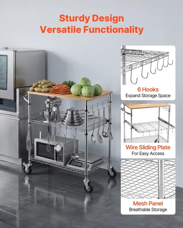 Alt view image 6 of 8 - VEVOR Kitchen Utility Cart, 3 Tier Heavy Duty Adjustable Wire Storage Rack with Wood Tabletop and Handle Bar, Rolling Portable Service Trolley on Wheels, 661 lbs Steel Work Table, 30x18x36 in