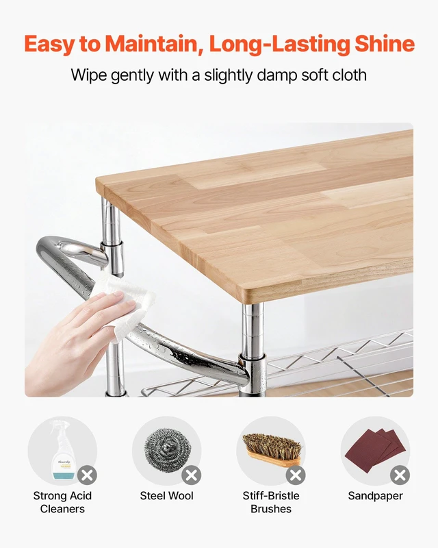Alt view image 7 of 8 - VEVOR Kitchen Utility Cart, 3 Tier Heavy Duty Adjustable Wire Storage Rack with Wood Tabletop and Handle Bar, Rolling Portable Service Trolley on Wheels, 661 lbs Steel Work Table, 30x18x36 in
