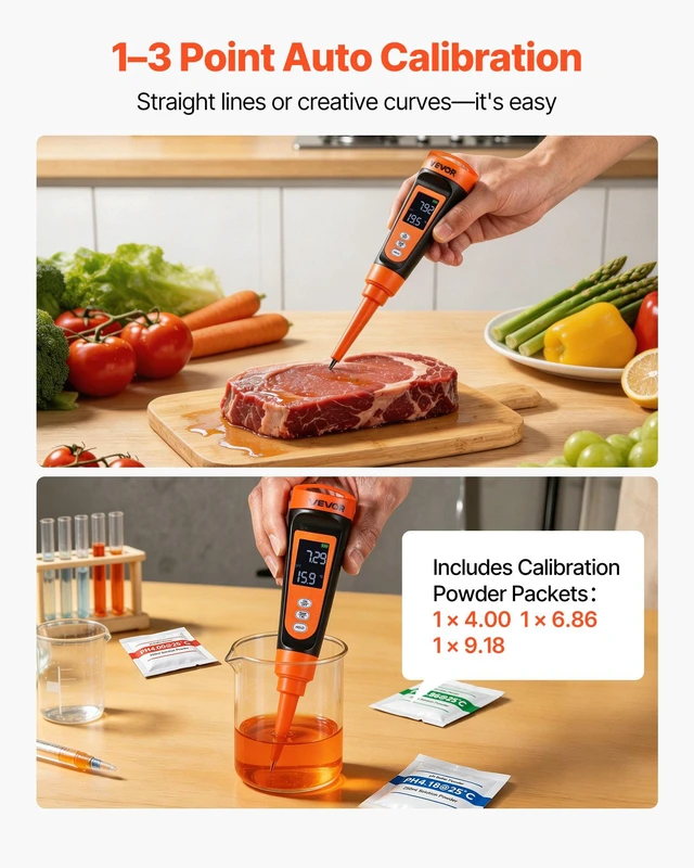 Alt view image 3 of 8 - VEVOR Food pH Meter, 0-14 pH Range, IP68 Waterproof Probe, Pocket Tester Kit with Automatic Temperature Compensation, Calibration Powder Packets, Easy to Read, for Food Fermentation, Dough, Meat