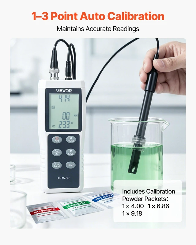 Alt view image 3 of 8 - VEVOR pH Meter, 0-14 pH Range, IP68 Waterproof Probe, 3-Point Auto Calibration, Portable Tester Kit with Calibration Powder Packets, Temperature Probe, Carrying Case, for Drinking Water, Hydroponics