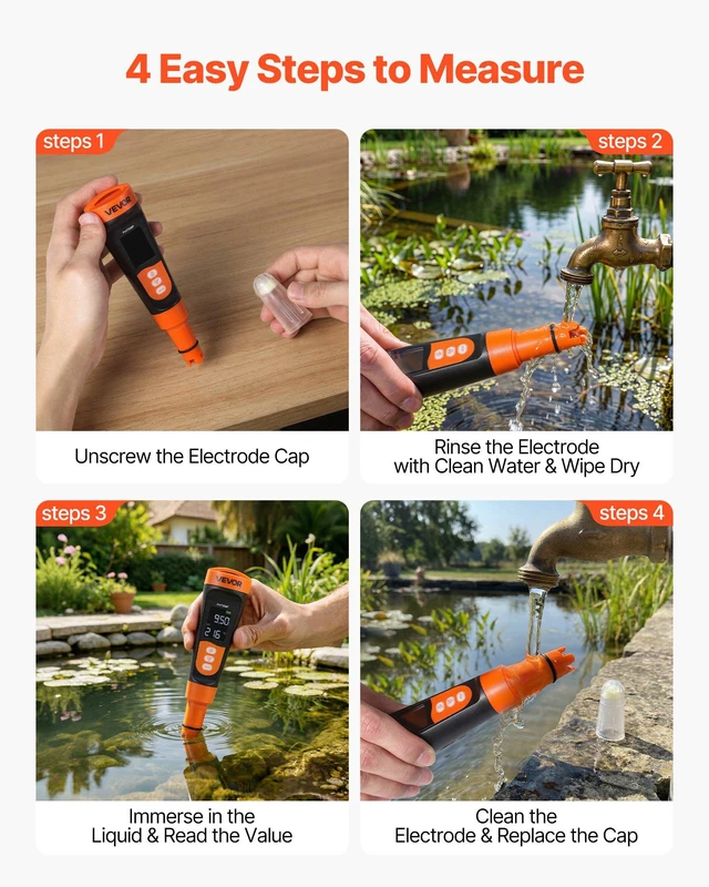 Alt view image 5 of 8 - VEVOR pH Meter, 0-14 pH Range, IP68 Waterproof Probe, Pocket Tester Kit with Calibration Powder Packets, VA Display Screen, for Drinking Water, Hydroponics, and Aquarium Water Quality Testing