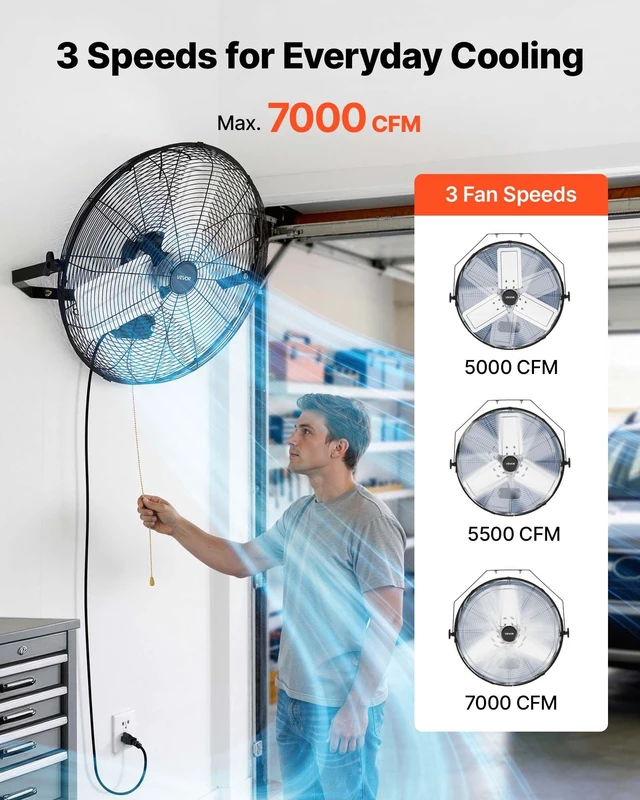Alt view image 3 of 8 - VEVOR Wall Mount Fan, 24 in Wall Mounted Hanging Fan, 3-Speed, Long Airflow Distance, Adjustable Rotation Angle, Mechanical Control, Powerful for Industry, Commercial, Garage, Workshop, Gym, Black