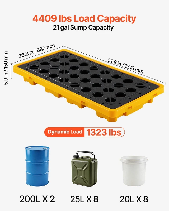 Alt view image 2 of 8 - VEVOR Spill Containment Pallet, 2 Drum Low Profile Spill Containment Modular Platform, 21 Gallon Sump, 4409 lbs Load Capacity, Heavy-Duty Polyethylene Tray with Drain, 51.8" x 26.8" x 5.9", Yellow