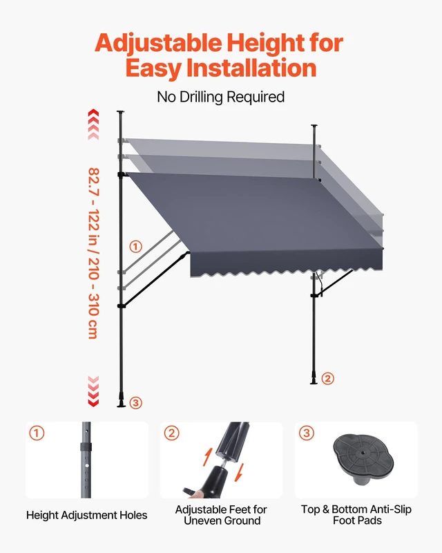 Alt view image 7 of 8 - VEVOR Manual Retractable Awning, 98" Outdoor Retractable Patio Awning Sunshade Shelter, Height Adjustable Patio Door Window Canopy with Manual Crank Handle for Backyard, Garden, Balcony, Dark Gray
